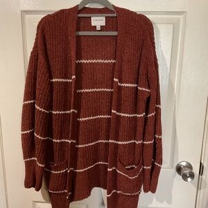 Pink Rose Cinnamon & White Striped Open Front Cardigan Sweater w/ Pockets